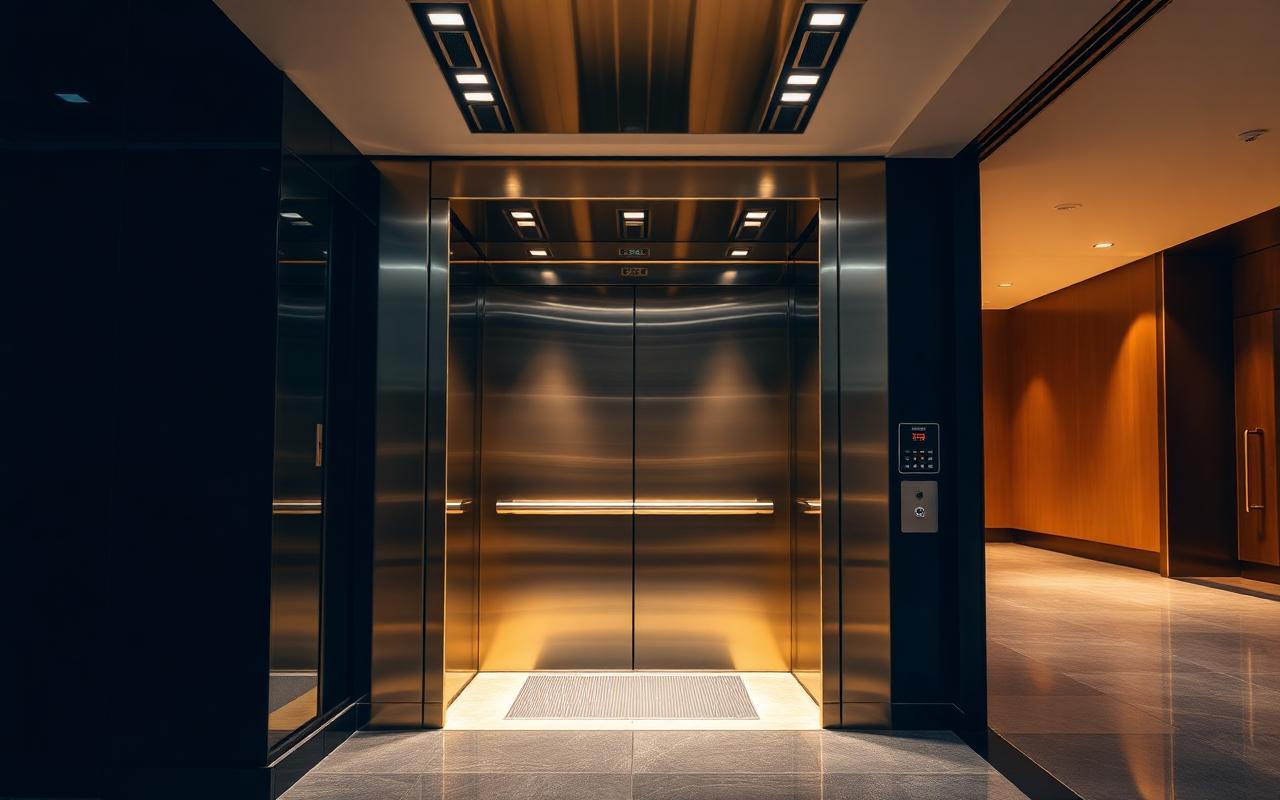 Premium elevator cabin with brushed steel doors in a modern Delhi commercial building lobby