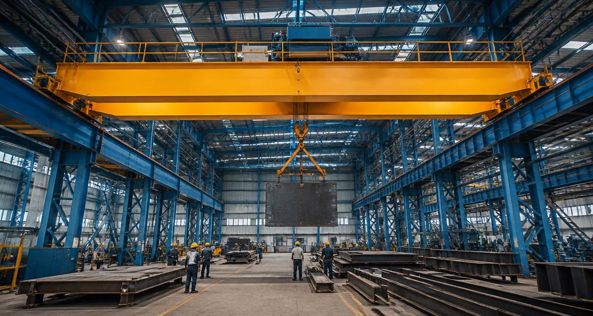 Double girder EOT crane lifting a steel plate inside an Indian fabrication factory