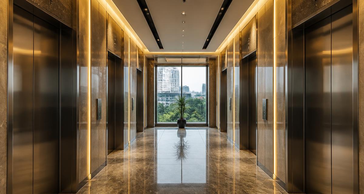 Passenger lift lobby with brushed stainless steel elevator doors in a Delhi commercial building