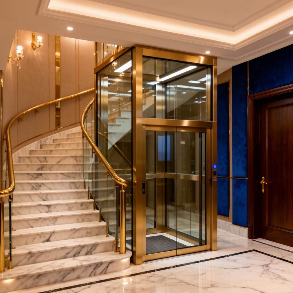Luxury glass home lift installed beside a marble staircase in a villa in Delhi NCR by Linkwel Engineers
